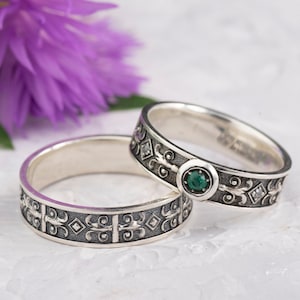 Emerald Sterling Silver Celtic Wedding Ring Set