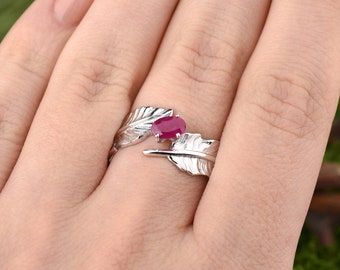 Sterling silver feather ring, Ruby wedding band womens