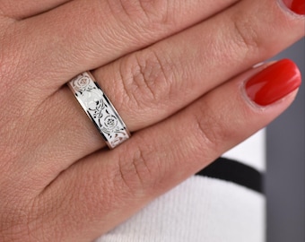 Sterling Silver White Enamel Wedding Band for Women, Floral Pattern Ring, Nature- Inspired Bridal Ring
