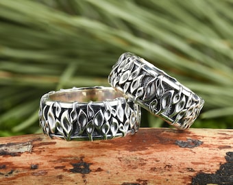Sterling Silber Blatt Ehering Set - Seine und Ihre Natur Inspirierte Bands
