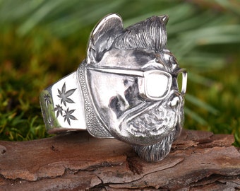 Sterling Silver French Bulldog Ring, Pompadour Hairstyle, Sunglasses