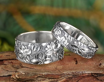 Floral Sterling Silver Wedding Ring Set: Matching Couple Bands