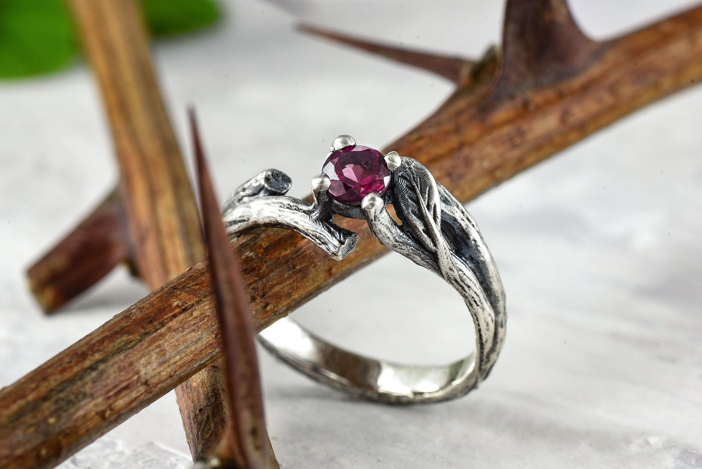 Sterling silver garnet genuine gemstone engagement ring in a nature floral twig tree branch unique design: birthstone ring special gift