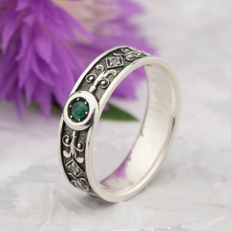 Genuine Emerald Ring Unique Wedding Band Women Silver
