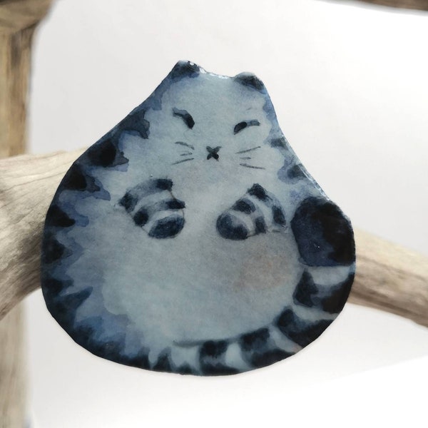Blue or orange cat brooch, hand painted in watercolor and resined, French handcrafted.