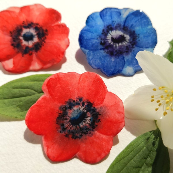 Broche de fleur aquarelle bleue ou rouge, anémone peinte à la main ,dessin aquarelle résiné, fabrication artisanale française française