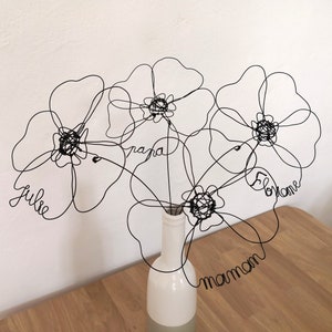 Customizable wire family names bouquet, personalized poppy flowers made of wire, lovely poppy, handmade in France.
