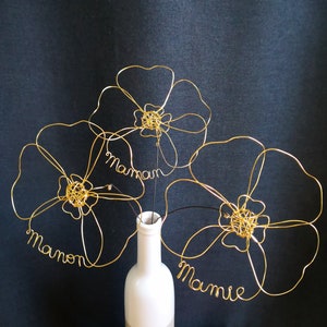 Customizable wire family names bouquet, personalized poppy flowers made of wire, lovely poppy, handmade in France.