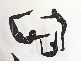 Wooden Swimmer Mobile, Wooden and Wire Design Mobile, Black and White Mobile, Contemporary Mobile, Art Mobile, Kinetic Mobile."