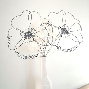 Customizable wire family names bouquet, personalized poppy flowers made of wire, lovely poppy, handmade in France.