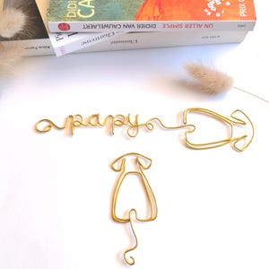 May include: Gold wire art featuring the word "apapy" with a stethoscope design and a dog silhouette. The image also shows two books with French titles and a decorative feather.