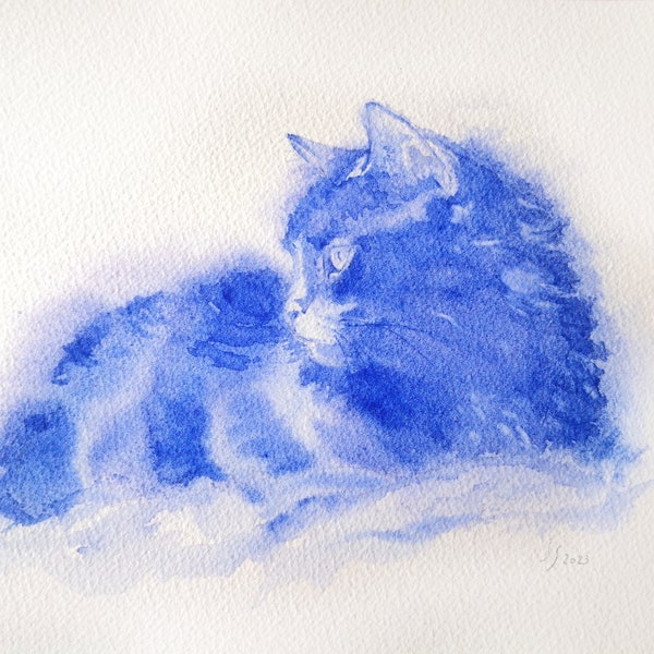 Aquarelle chat angora,Peinture de chat stylisé ,Aquarelle authentique en monochrome bleu, art original.