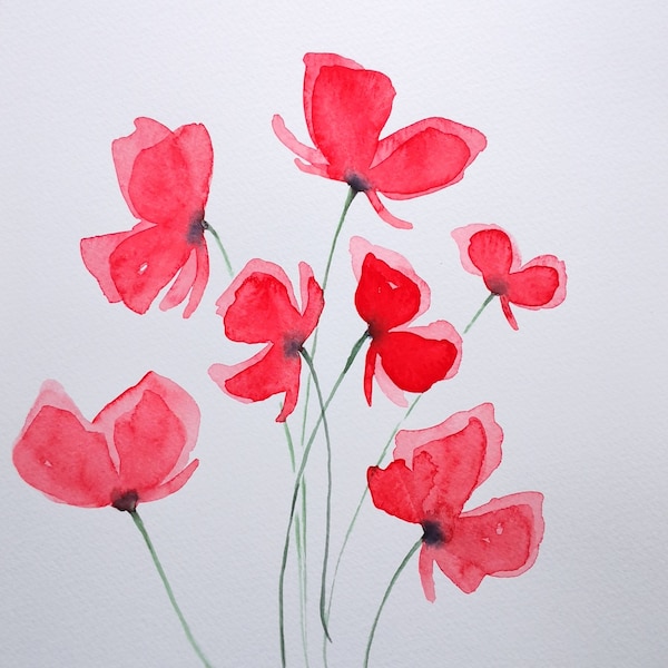 Peinture de coquelicots stylisés ,Aquarelle authentique bouquet coquelicots, fleurs des champs , art original.