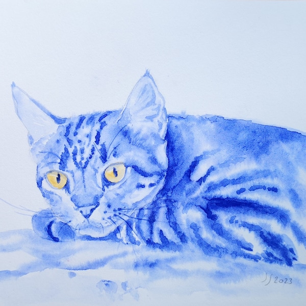 Peinture de chat couché stylisé ,Aquarelle authentique en monochrome bleu, art original.
