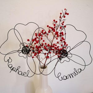 Customizable wire family names bouquet, personalized poppy flowers made of wire, lovely poppy, handmade in France.