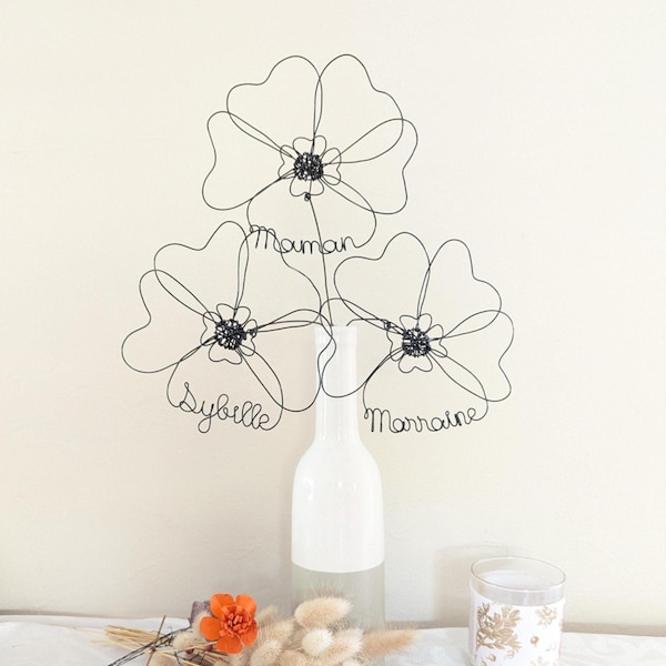 Customizable wire family names bouquet, personalized poppy flowers made of wire, lovely poppy, handmade in France.