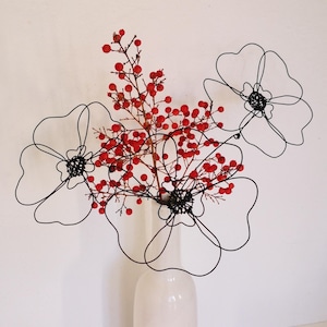 Fleurs de coquelicots en fil de métal noir, bouquet durable de 3 ou 5 fleurs, déco florale minimaliste, cadeau décoration d’intérieur