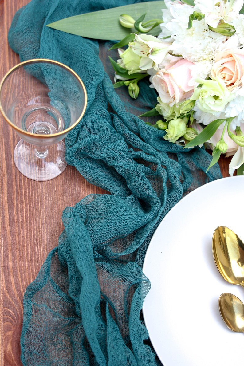 Teal Gauze Table Runner Cheesecloth Runner Greenery Wedding Etsy