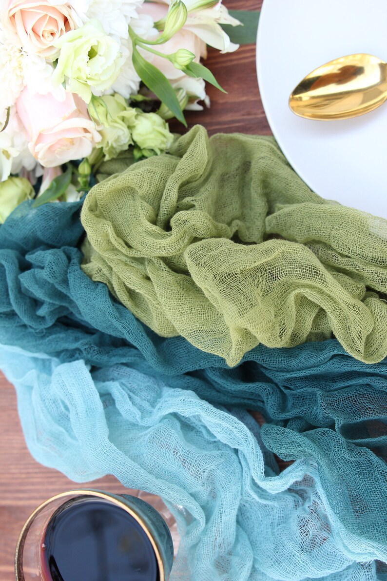 Teal Gauze Table Runner Cheesecloth Runner Greenery Wedding Etsy