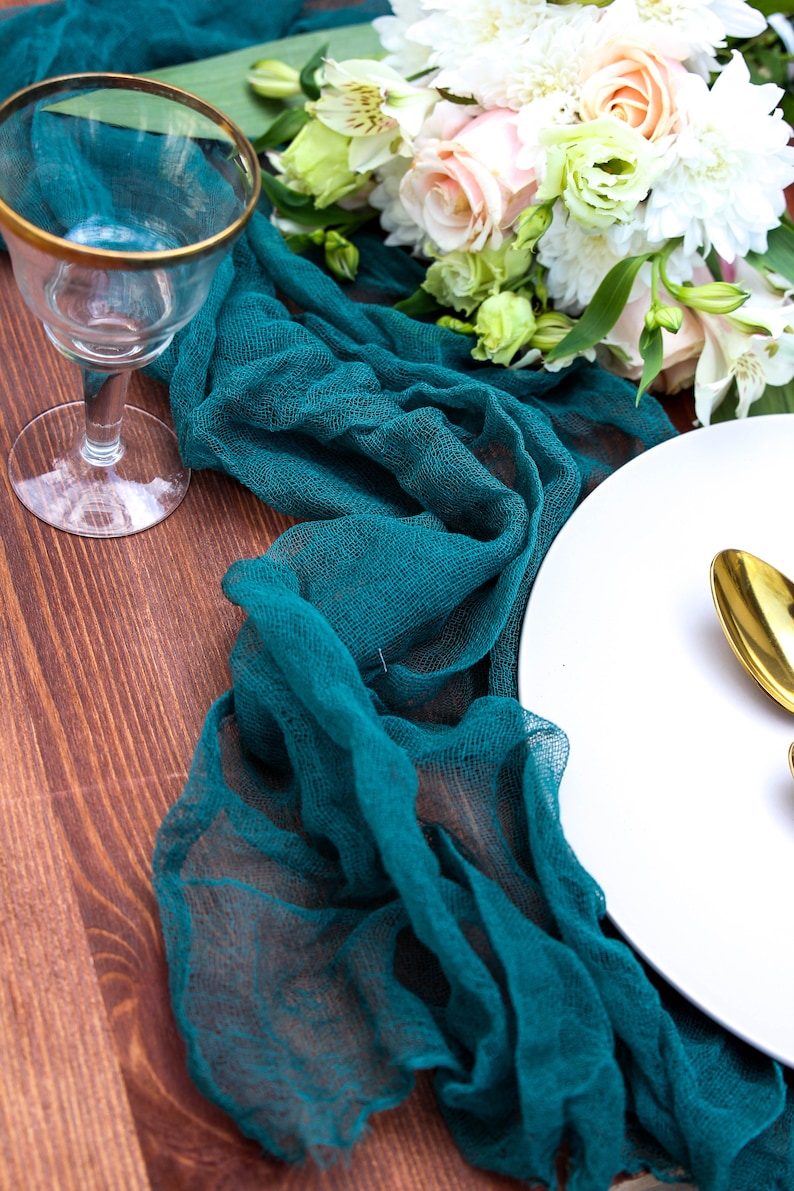 Teal Gauze Table Runner Cheesecloth Runner Greenery Wedding Etsy