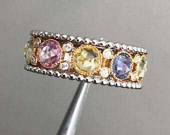 Rose cut multi color sapphire ring in 18k white and yellow gold