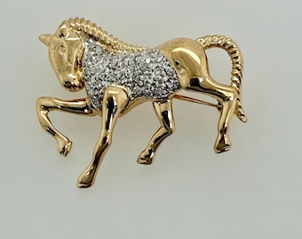 Vintage 14K Yellow Gold Diamond Horse Brooch Pendant, Pavé Equestrian Jewelry