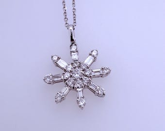 Vintage Diamond Snowflake Pendant Necklace: 14k White Gold, Baguette Accent