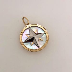 May include: A gold-toned pendant featuring a compass rose design. The pendant has a circular frame with engraved directional markers. The compass rose is a multi-pointed star in silver and gold, set against a pearlescent background. A small loop is at the top for a chain.
