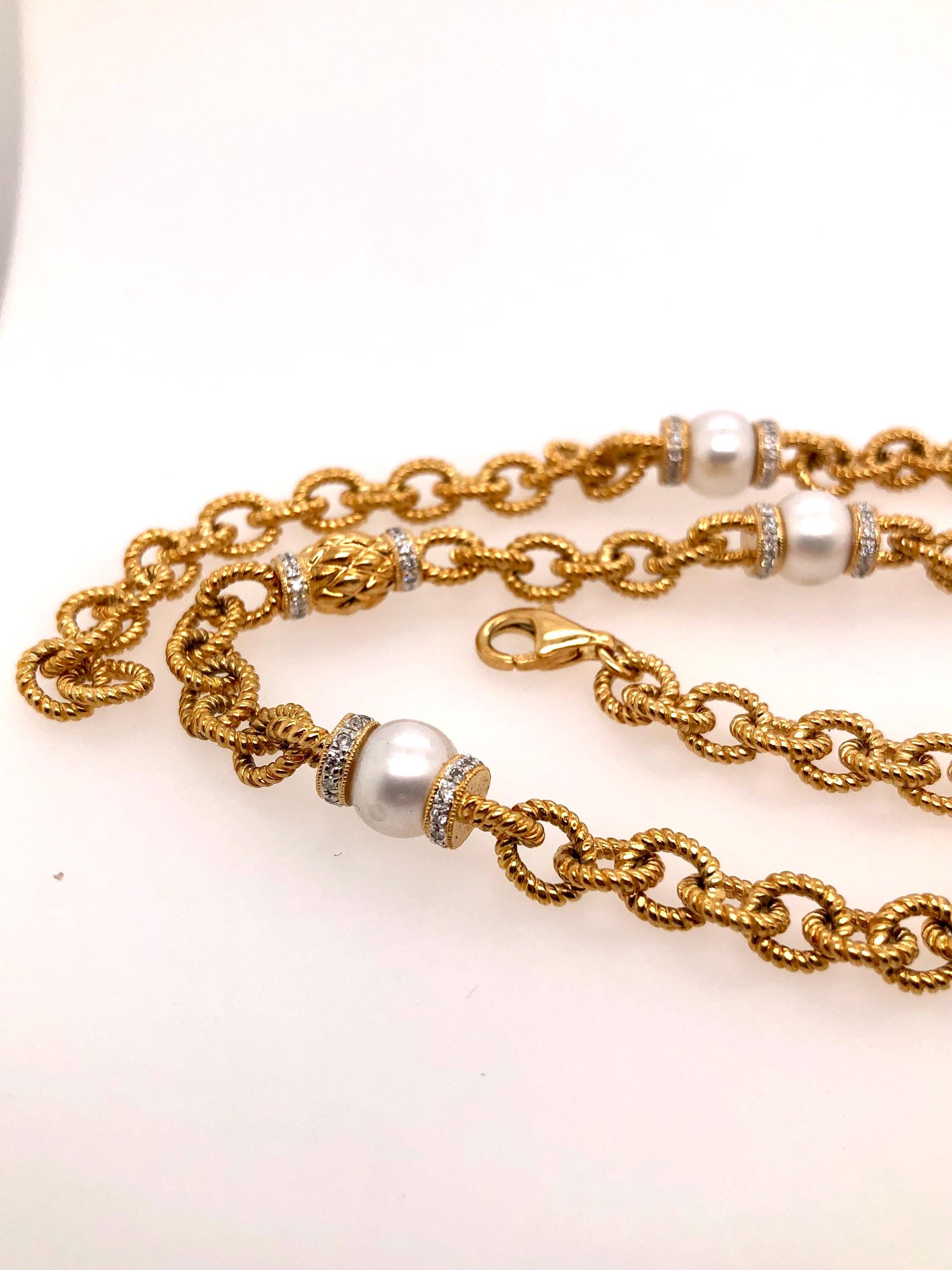 Vintage Pearl and Diamond Necklace in 14k Yellow Gold Made in 