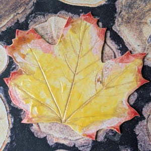 May include: A decorative maple leaf with a yellow center and red-orange edges. The leaf's veins are highlighted with gold. The leaf is set against a dark, textured background, creating a contrast that emphasizes the leaf's vibrant colors.