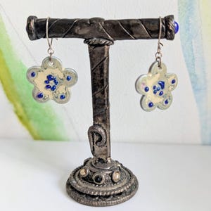Boucles d'oreilles fleurs en porcelaine, gouttes en verre bleu, argent sterling, diffuseur de parfum