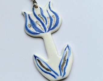 Collier en porcelaine, diffuseur de parfum, pendentif fleur de tulipe, bijoux en porcelaine, argent massif, pendentif blanc, blanc et bleu