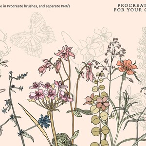 Może przedstawiać: Zestaw 93 stempli Procreate z ręcznie rysowanymi ilustracjami r&oacute;żnych kwiat&oacute;w i motyla. Kwiaty są w odcieniach r&oacute;żowego, brzoskwiniowego i niebieskiego, a motyl jest obrysowany czarnym kolorem. Tło jest w jasnym kolorze brzoskwiniowym.