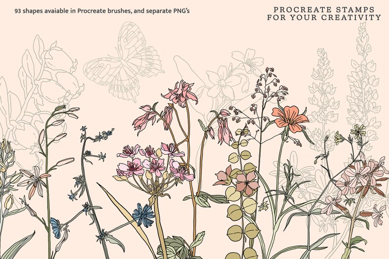 Może przedstawiać: Zestaw 93 stempli Procreate z ręcznie rysowanymi ilustracjami r&oacute;żnych kwiat&oacute;w i motyla. Kwiaty są w odcieniach r&oacute;żowego, brzoskwiniowego i niebieskiego, a motyl jest obrysowany czarnym kolorem. Tło jest w jasnym kolorze brzoskwiniowym.