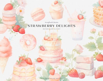 Clipart de fresa de acuarela, postres de fresa, scrapbooking png, pegatinas digitales, clipart de dulces rosados, clipart de postre, fresa png