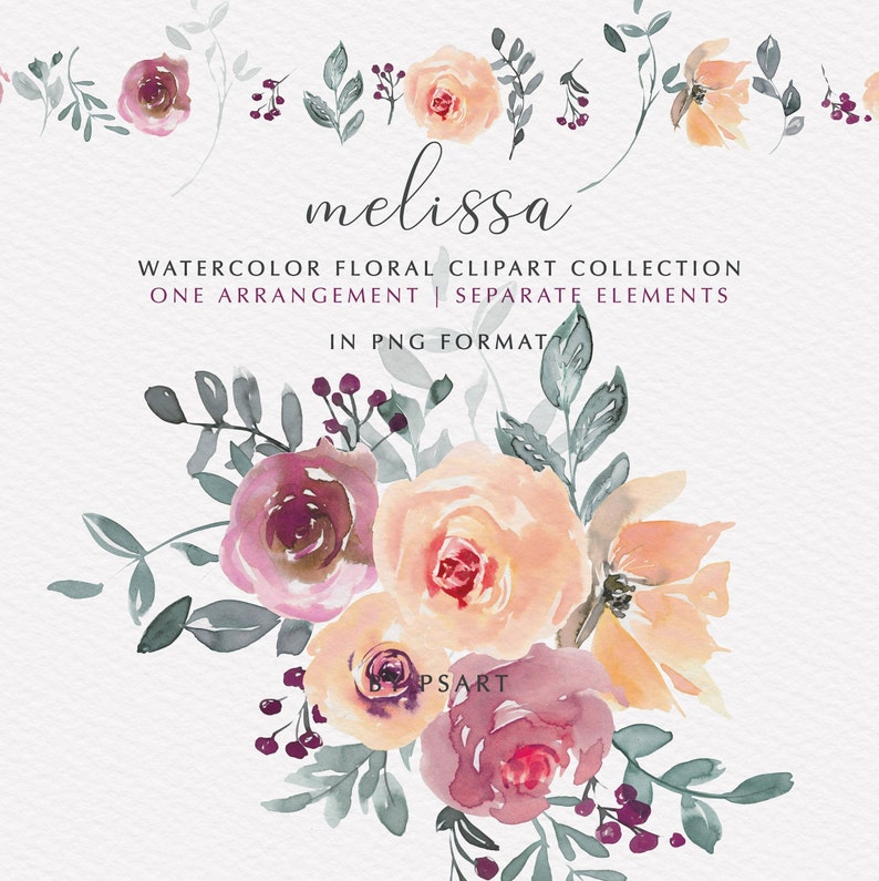 Melissa* Peach /& Mauve Watercolor Floral Clipart Peach Rose Peony Flowers PNG Floral Clipart Wedding Stationery Logos Nursery Decor #O1