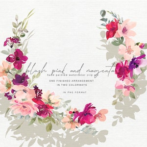 Puede incluir: Arreglo floral de acuarela en tonos rosa, magenta y morado. Las flores están dispuestas en forma de semicírculo y sobre un fondo blanco. El texto "blush pink and magenta" está escrito en una fuente cursiva debajo de las flores.