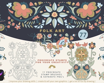 Pędzle Folk Art Procreate, znaczki Floral Folk, znaczki Botanical, znaczki Procreate Brush do użytku komercyjnego, pędzle Folk Art do Procreate