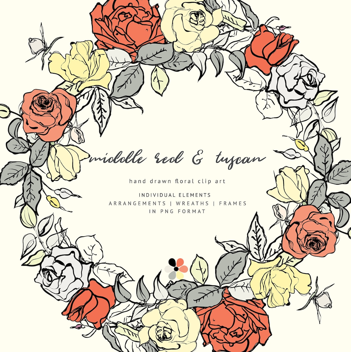 Middle Red and Tuscan Hand-Sketched Floral Clipart Collection image 2