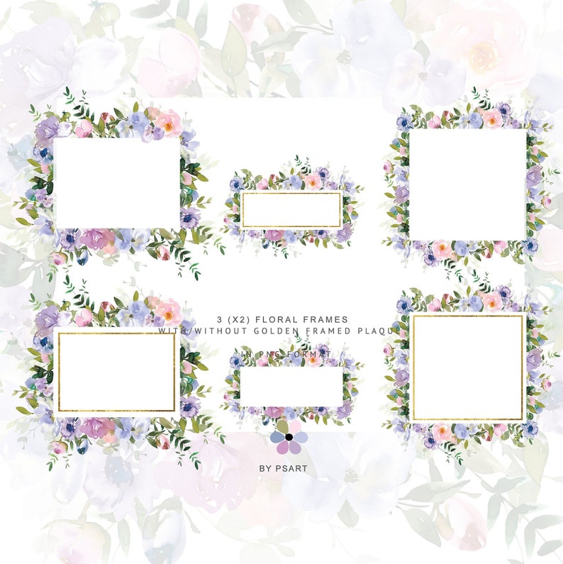 Blush and Pastel Purple* Watercolor Floral Clipart Violet Pink Flowers Roses Peonies PNG Frames Nursery Wedding Decor #P1