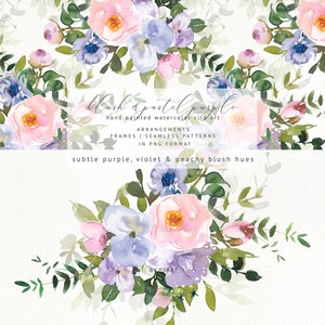 Blush und Pastell Lila, Wildrose Aquarell Blumen Clipart, Blush violette Blumen, Blumensträuße, nahtlose Muster, Hochzeit einladen. Sommer PNG