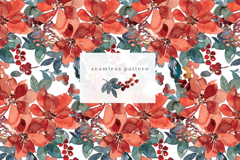 Red Poinsettia* Watercolor Floral Clipart Poinsettia Christmas Clipart PNG Floral Clipart Seamless Pattern Elements and Arrangements #O15