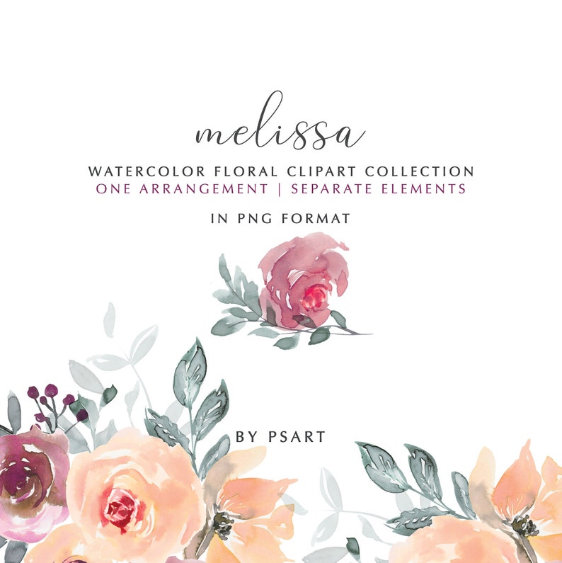 Melissa* Peach /& Mauve Watercolor Floral Clipart Peach Rose Peony Flowers PNG Floral Clipart Wedding Stationery Logos Nursery Decor #O1