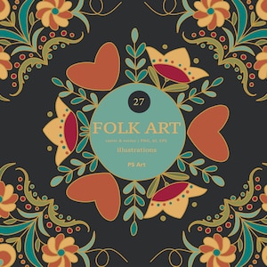 May include: A colorful folk art illustration with a circular design featuring flowers, hearts, and leaves. The illustration is set against a dark background and includes the text "FOLK ART" and "PS Art".