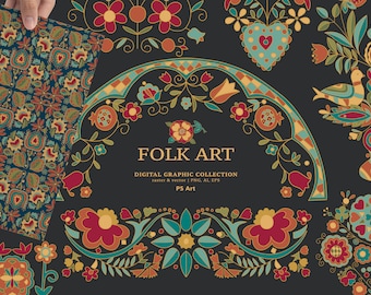 Folk Art Illustrations and Patterns, Digital Floral Clipart, Folk Art Illustrations, Seamless Patterns, Vector Graphics, Floral Borders