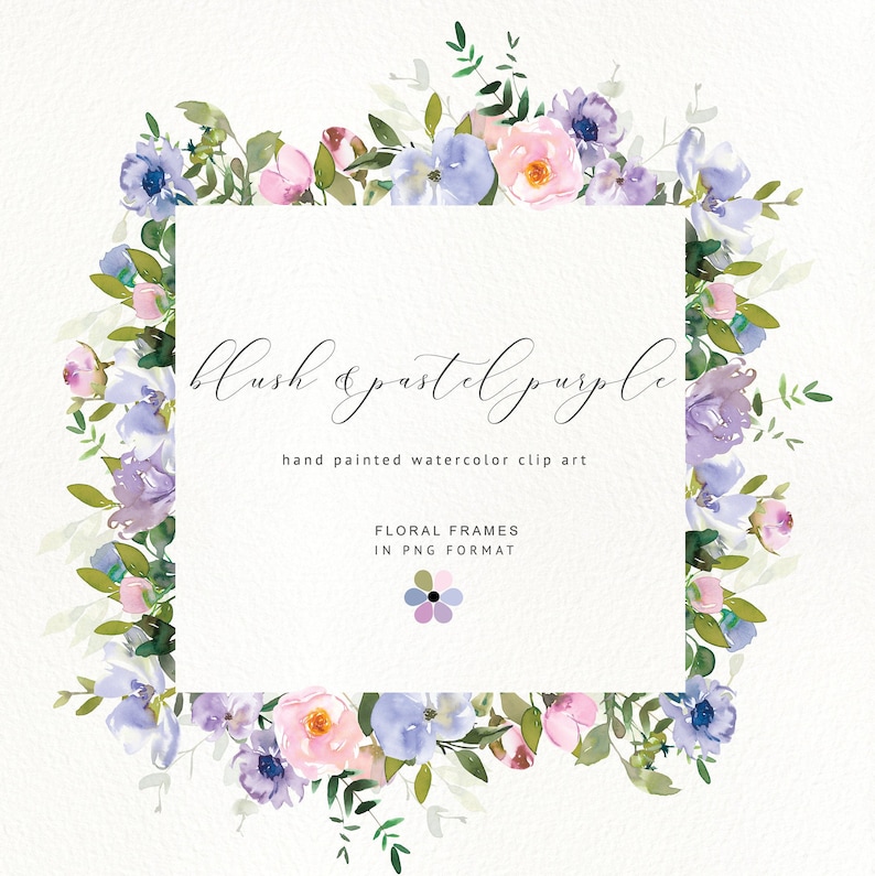 Blush and Pastel Purple* Watercolor Floral Clipart Violet Pink Flowers Roses Peonies PNG Frames Nursery Wedding Decor #P1