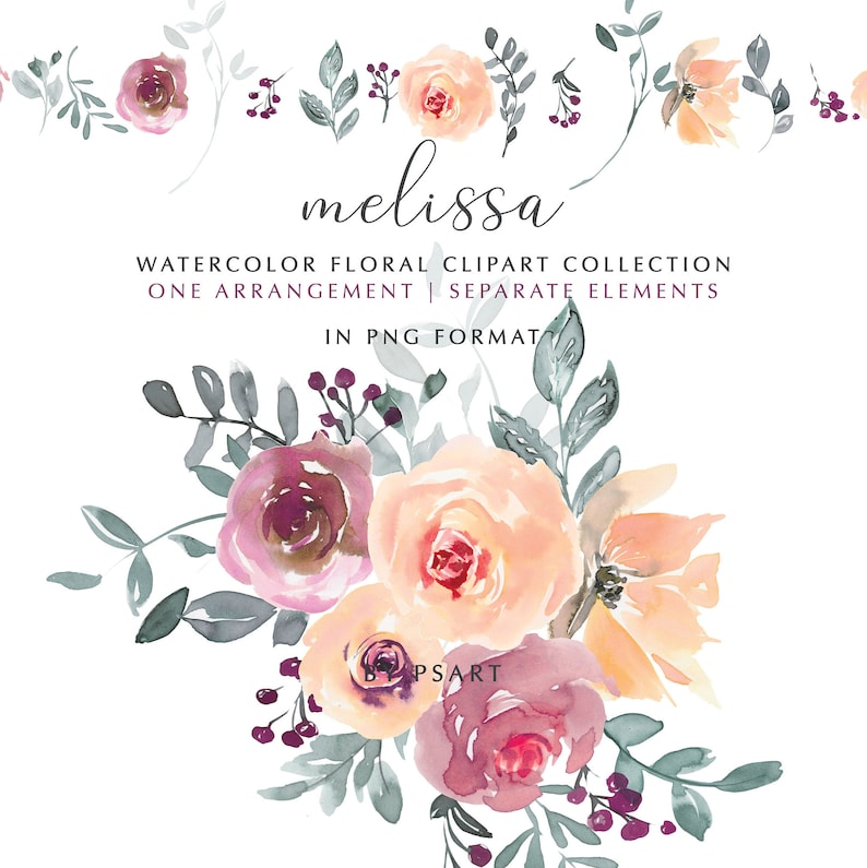 Melissa* Peach /& Mauve Watercolor Floral Clipart Peach Rose Peony Flowers PNG Floral Clipart Wedding Stationery Logos Nursery Decor #O1