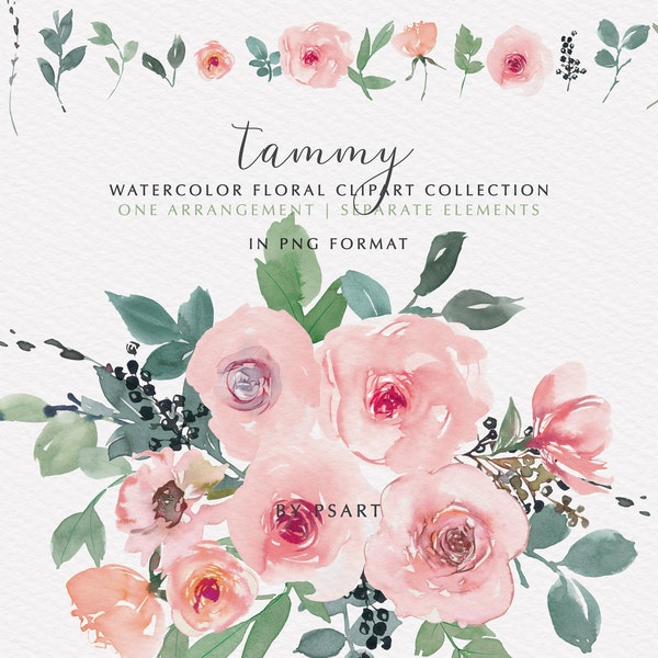 Pink Blush Watercolor Floral Clipart, Bouquet and Separate Elements, Watercolor Floral Clipart, Wedding Decor, Stationery Logos Wedding