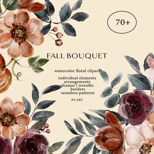 Herbst Aquarell Blumen Clipart, Kürbis Clipart, Beere und Kürbis, Herbstblumen, Herbstblumen, Rost und Burgund, Hochzeitsblumen, PNG