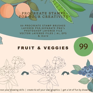 May include: A set of 99 Procreate stamps for fruit and vegetables. The image shows a variety of fruits and vegetables, including blueberries, plums, peas, and apples. The stamps are layered and come in PSD, PNG, AI, and EPS formats.